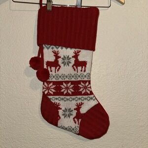 Fair Isle Christmas Stocking Red White Knit Reindeer Snowflake Festive Holiday